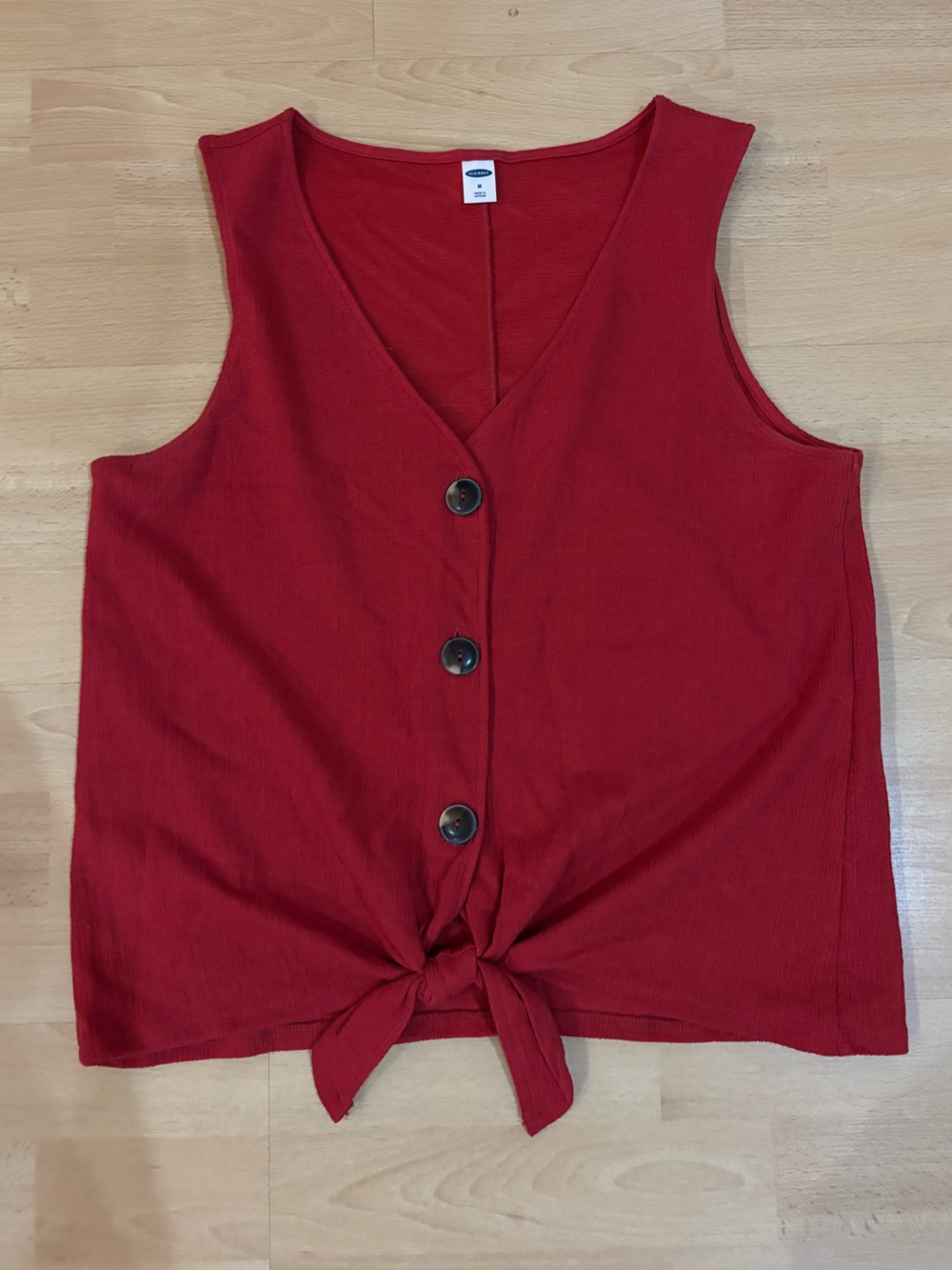 Sleeveless Red Tie-Front Button Top